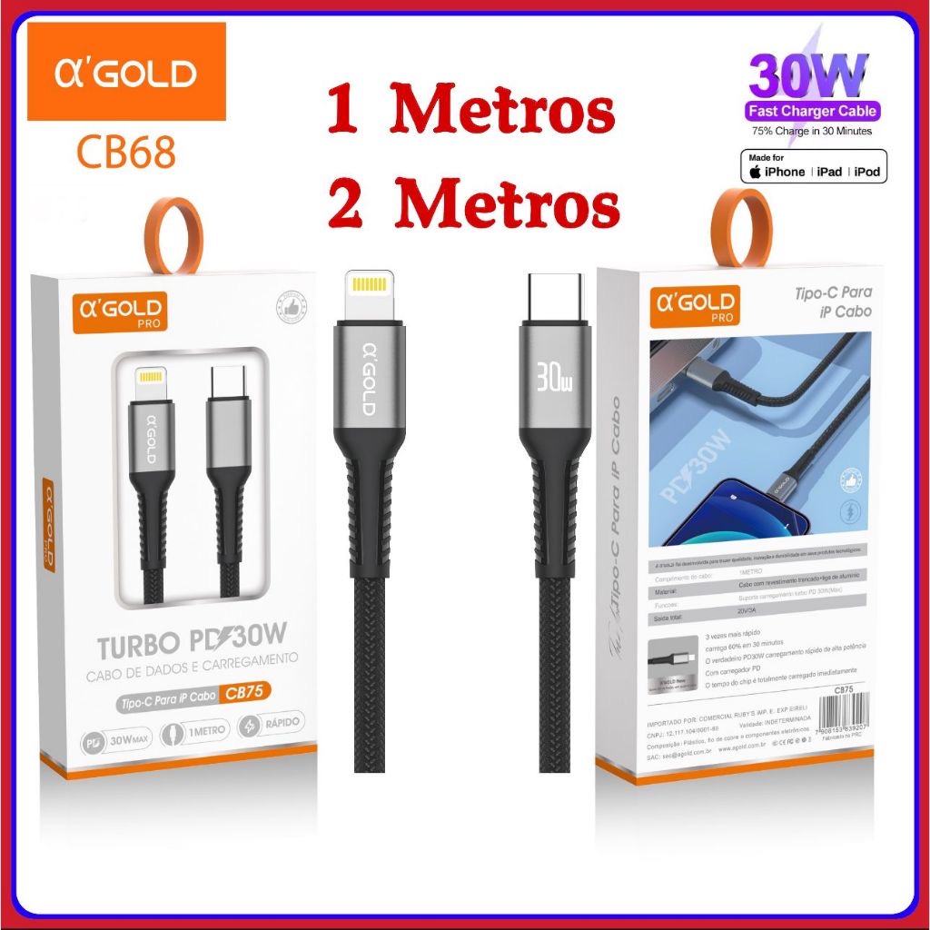 Cabo Tipo-C para iPhone Turbo PD 30W (1m e 2m)