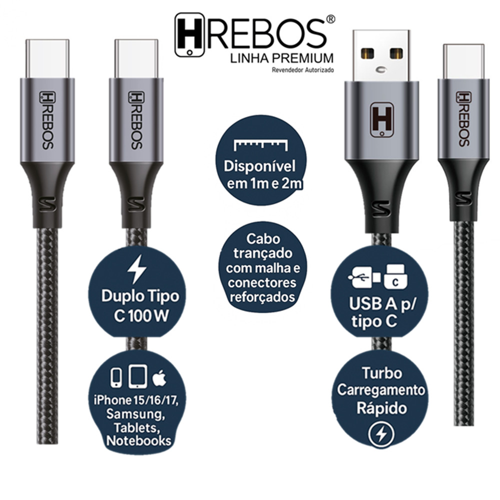 Cabo Tipo-C para Tipo-C Hrebos 100W (1m e 2m)