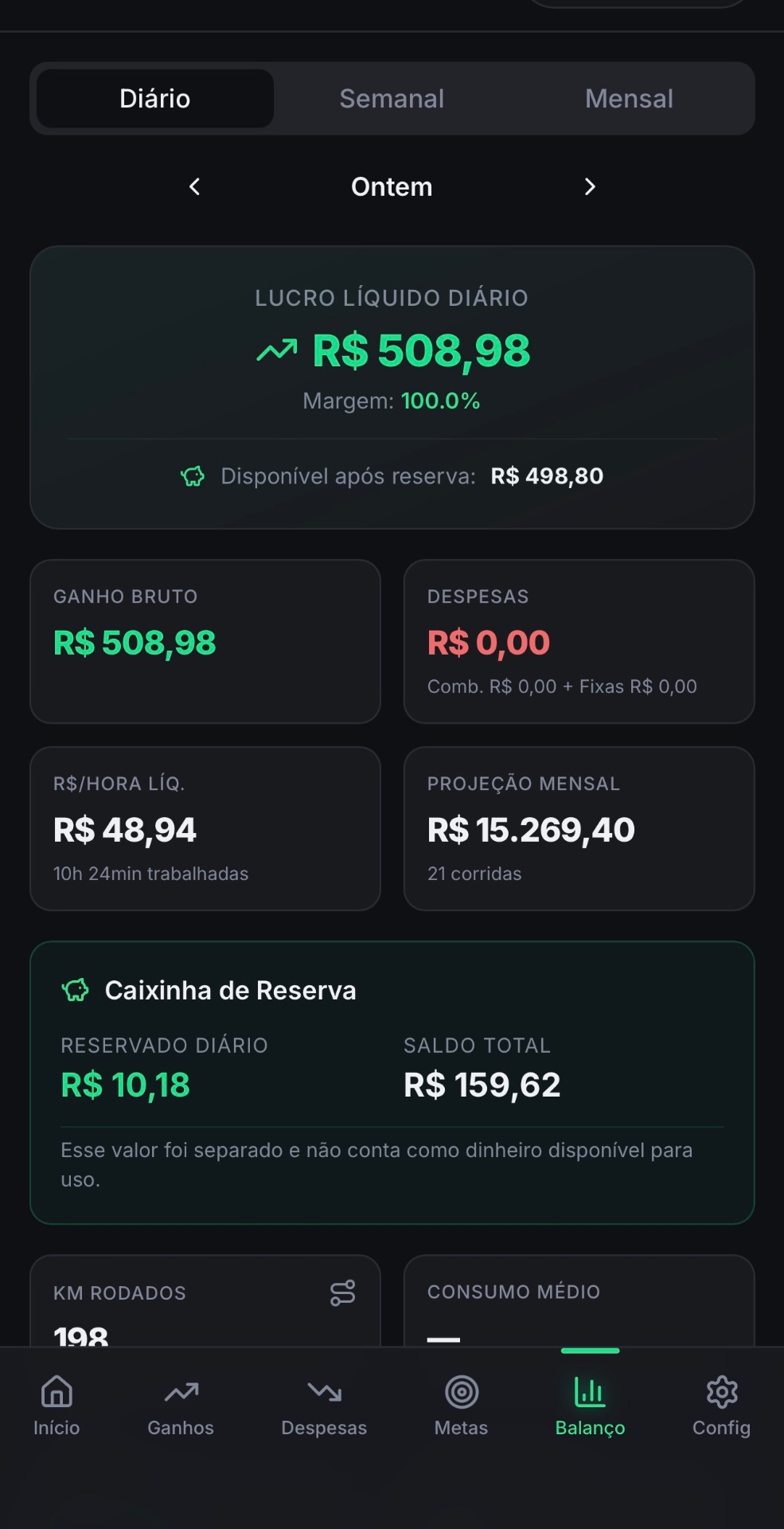 Tela do app Tramply, controle financeiro para motoristas de aplicativos